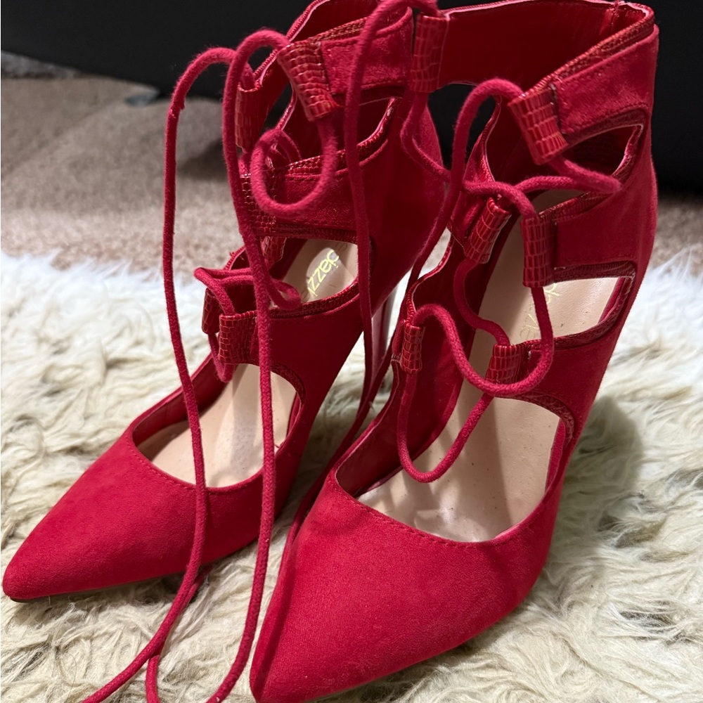 Red Suede Lace-Up Heels